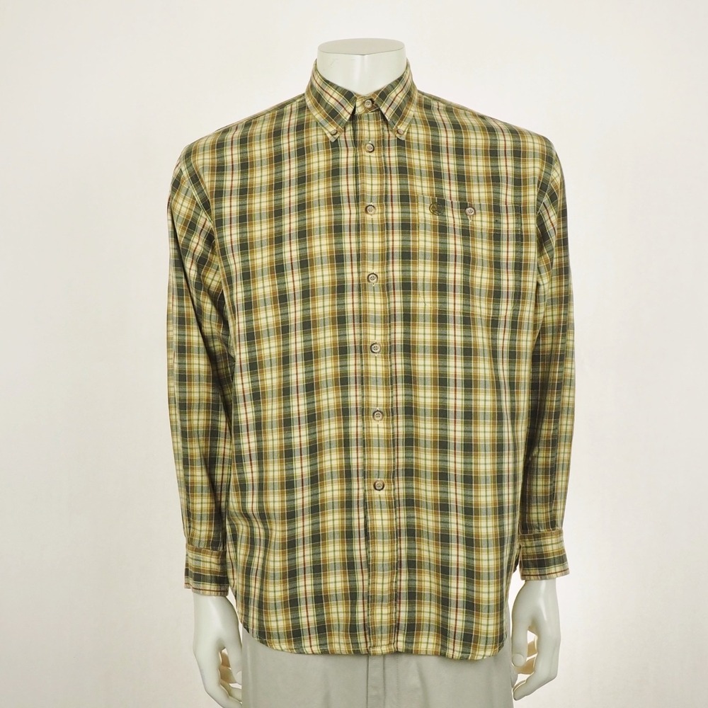 Beretta Flannel Button Down Shirt Mens Medium Brown Green Plaid Cotton Blend